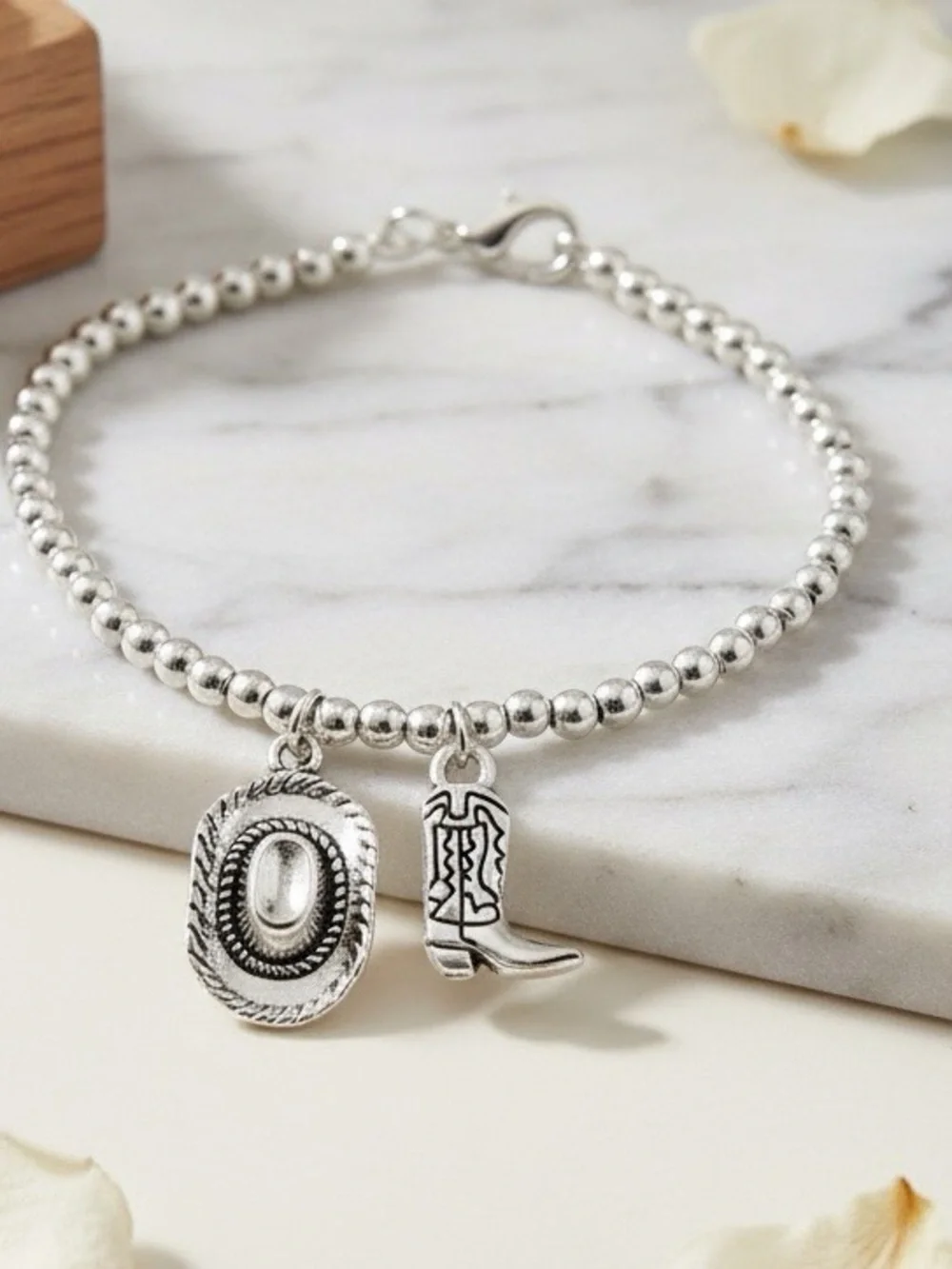 Silver Beaded Boot & Cowboy Hat Charm Bracelet Cowgirl Rodeo Country Western - Picture 3 of 5